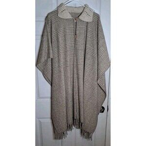 Vtg Long Wool Tan Plaid Fringed Cape Poncho With Crochet Collar Western Classic